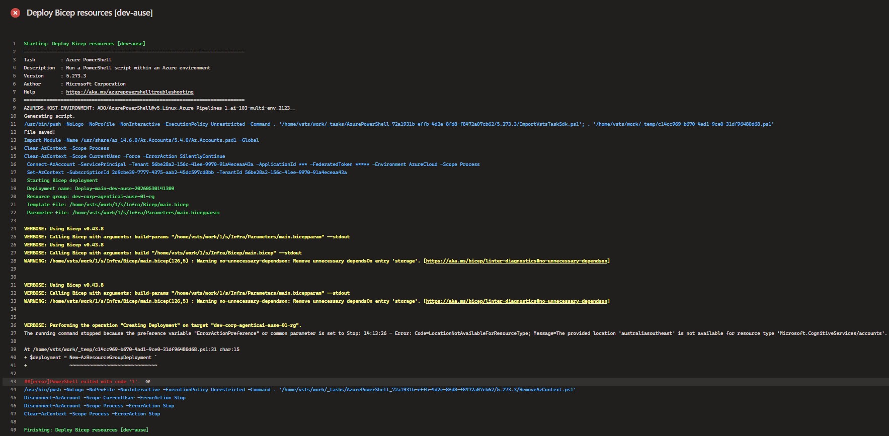 Azure DevOps deployment log showing failed Deploy Bicep resources step for dev-ause due to LocationNotAvailableForResourceType for Microsoft.CognitiveServices accounts in australiasoutheast.
