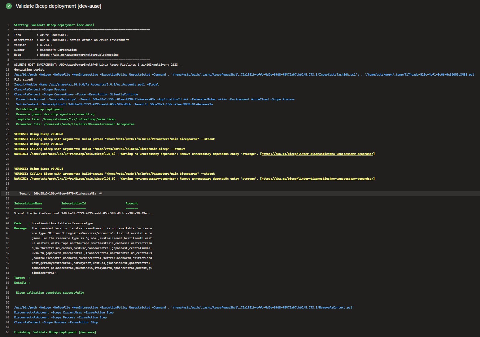 Azure DevOps validation log showing LocationNotAvailableForResourceType error for Microsoft.CognitiveServices accounts in australiasoutheast during Bicep validation.
