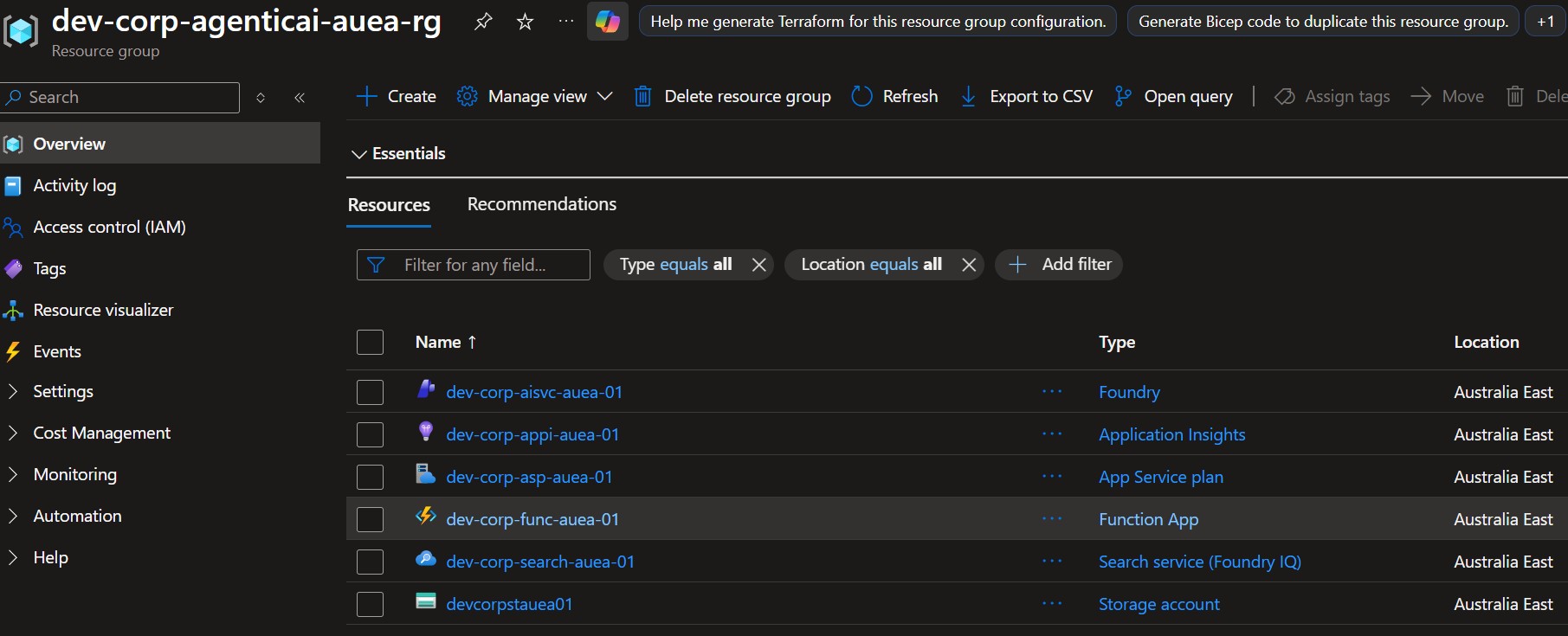 Azure portal screenshot showing successfully deployed Azure AI infrastructure resources for the dev environment across Australia East and Australia Southeast regions.
