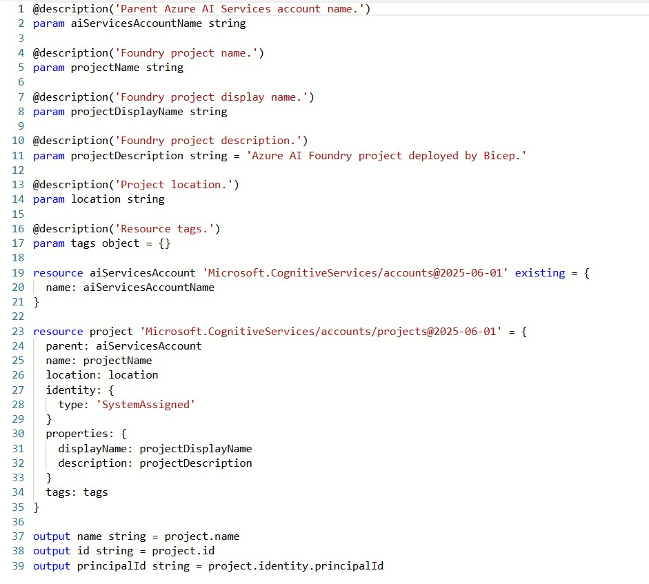 Code screenshot showing Bicep module for Microsoft Cognitive Services account project resource used to create a Microsoft Foundry project.