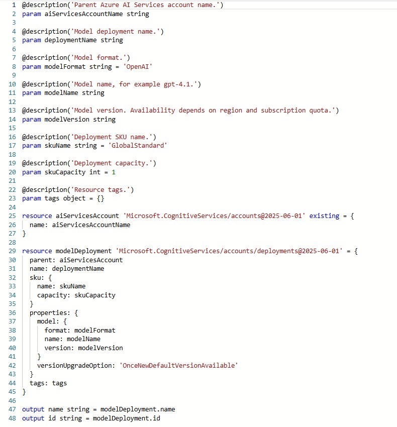 Code screenshot showing Bicep module for Azure AI model deployment under a Microsoft Cognitive Services account.