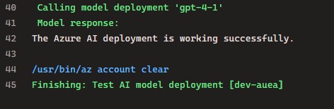 Azure DevOps pipeline log showing a successful smoke test call to a deployed Azure AI model.
