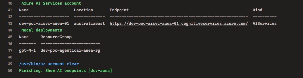 Azure DevOps pipeline log showing Azure CLI output for Azure AI Services account endpoint and model deployments.