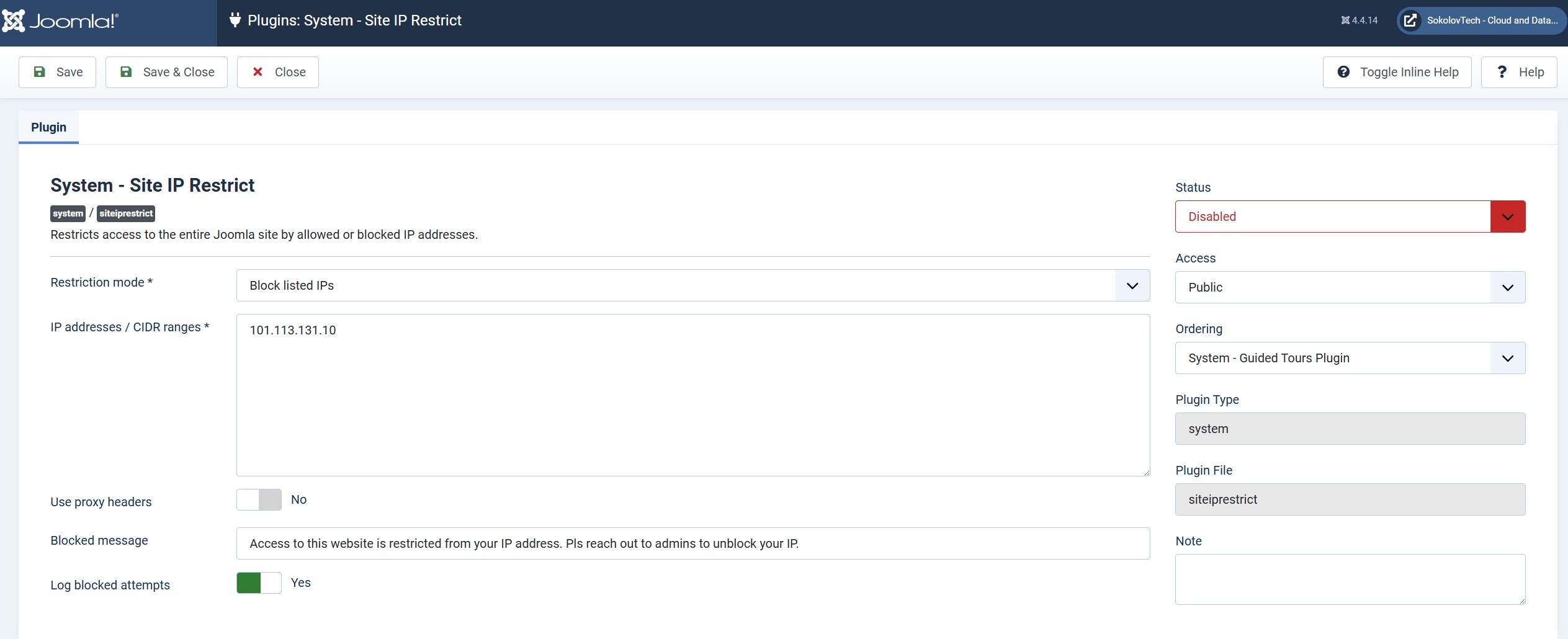 Joomla Site IP Restrict plugin configuration showing block listed IPs mode and blocked IP address